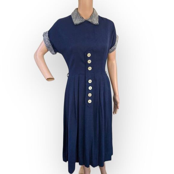 50s Mohair Collar Cuffs Dress Dark Blue Vintage S - Picture 3 of 10